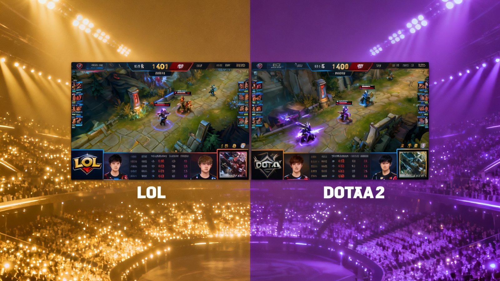 雷竞技电竞直播平台主视觉画面，展示LOL与DOTA2赛事直播界面，金色与紫色渐变背景衬托出激烈的电竞赛场氛围，观众席灯光璀璨