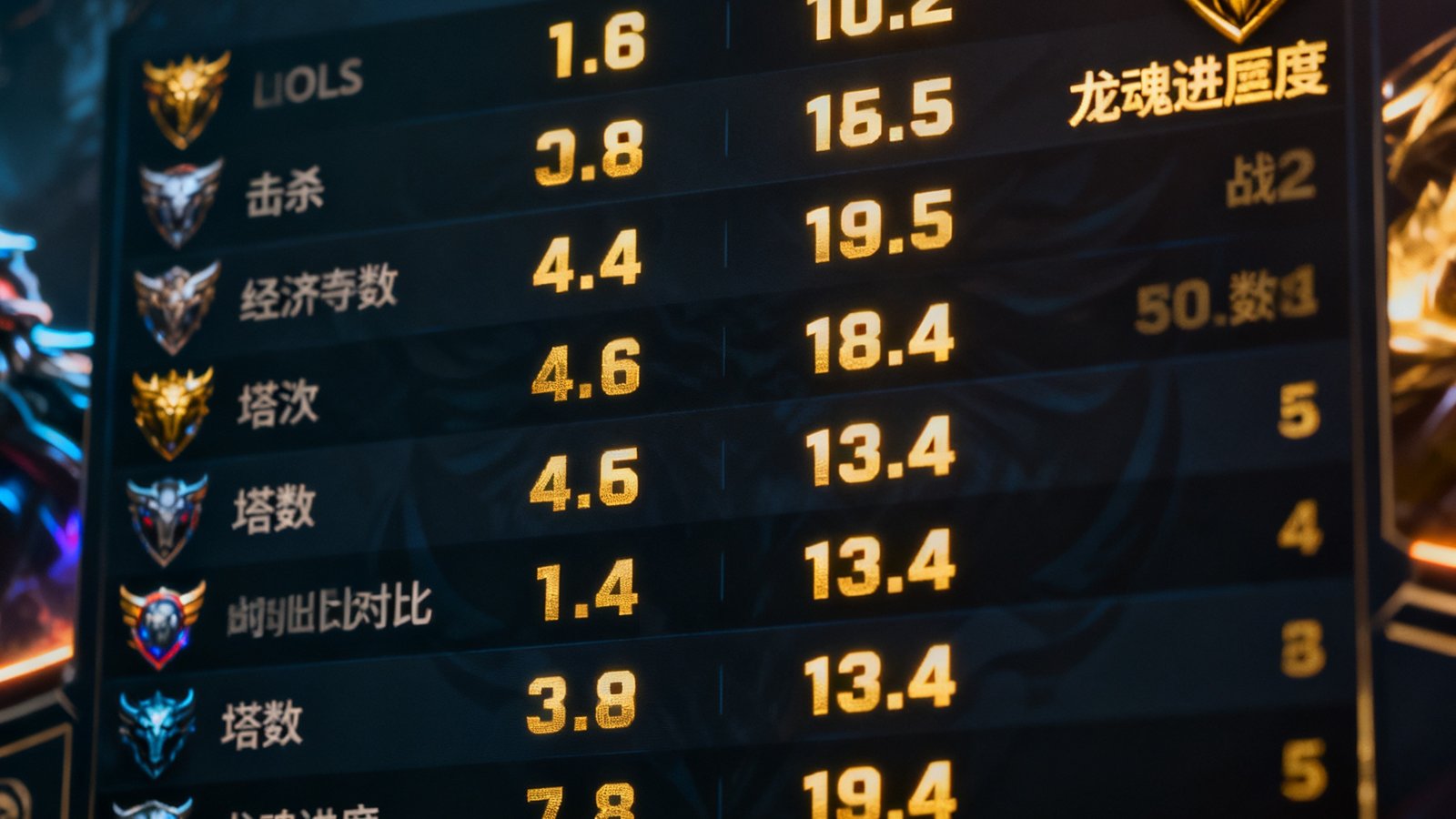 雷竞技实时比分数据面板特写，展示LOL比赛中两支战队的实时击杀数、经济差、塔数对比和龙魂进度，数据以暗色背景搭配金色高亮数字呈现